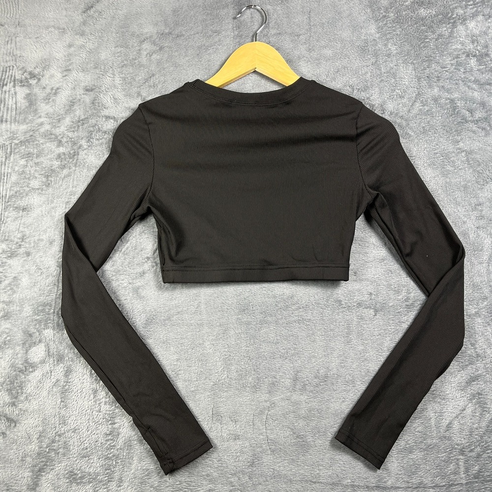 Womens Black Ribbed Cut Out Front Cropped Top Thumbhole Sleeve XS